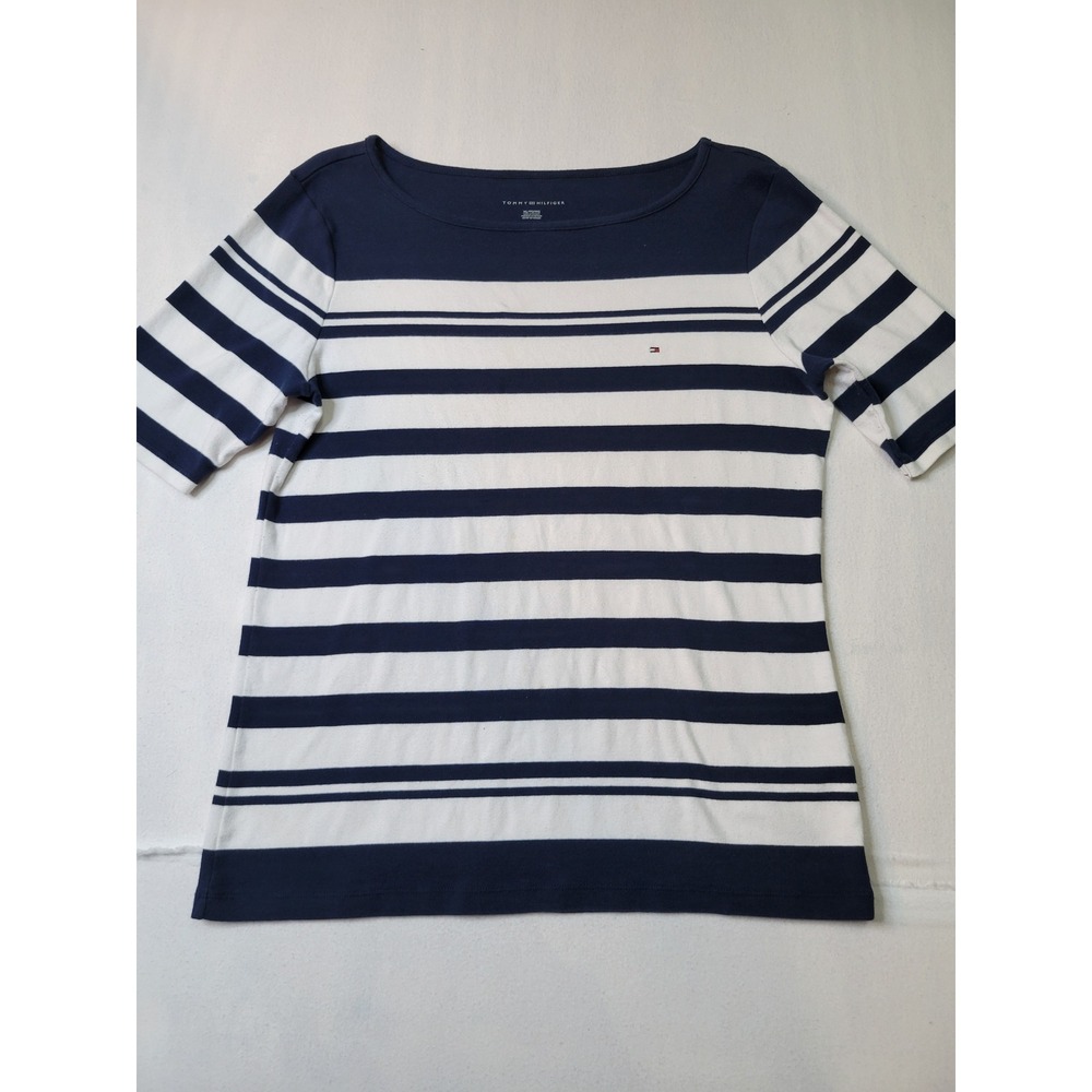 Tommy Hilfiger Womens XL Navy Blue White Striped Boat Neck Short Sleeve Top 2230